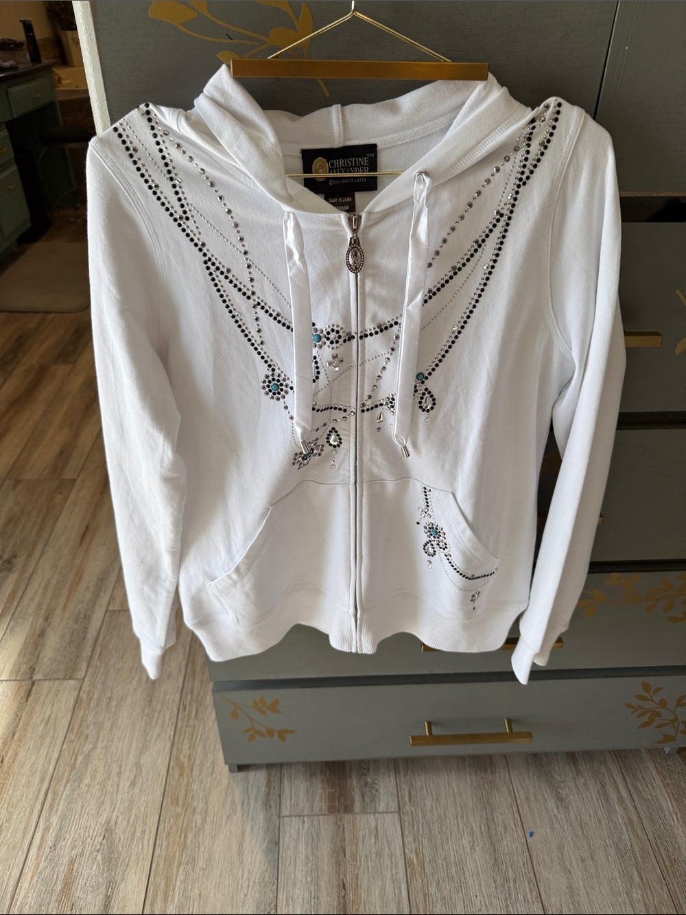 Christine Alexander White Zip Hoodie with Rhinestone & Bead Swirl